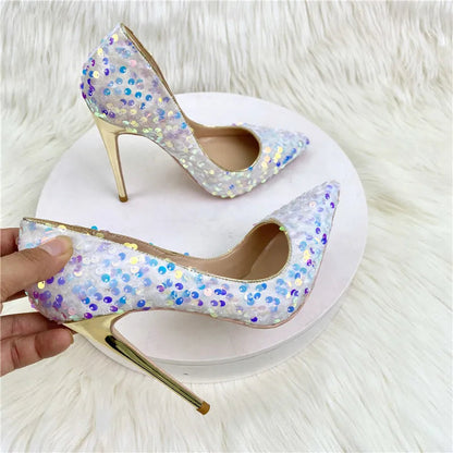 White Pointy Toe High Heel Shoes With Bling Sequins For Women