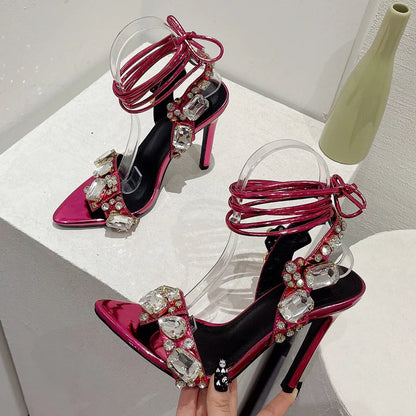 Crystal Rhinestones Sandals Women Summer Pointed Toe Stilettos Thin Heels