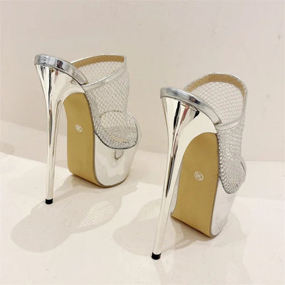 Mesh Fabric Sexy Women Slippers With Platform Peep Toe Nightclub Stiletto High Heels