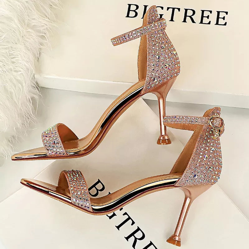 Rhinestone High Heels Kitten Party Shoes Open Toe Women Pumps