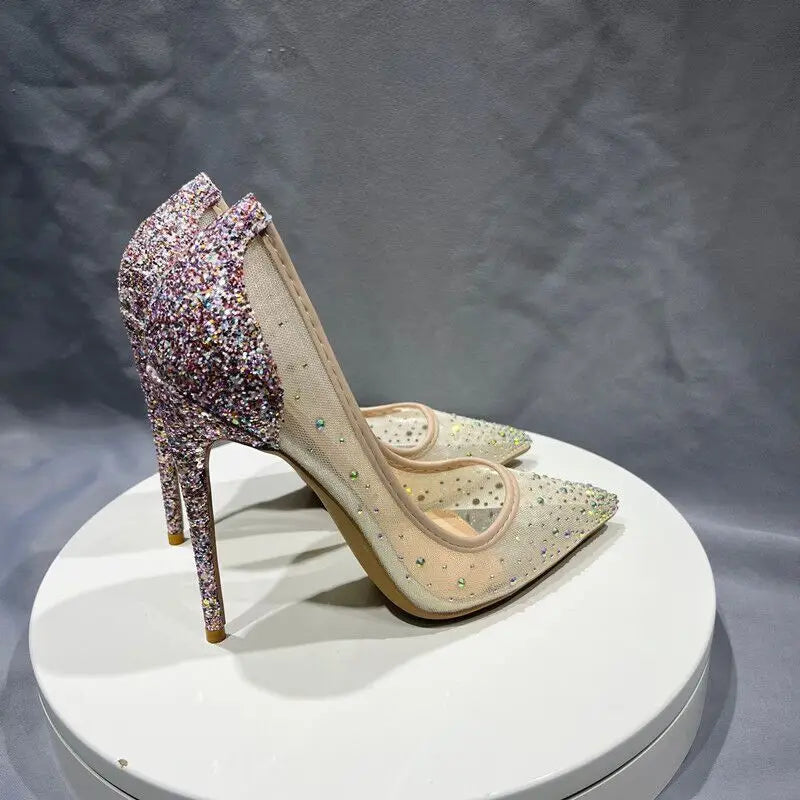 Sequined Gauze Mesh Pointy Toe High Heel Shoes With Glitter