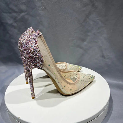 Sequined Gauze Mesh Pointy Toe High Heel Shoes With Glitter