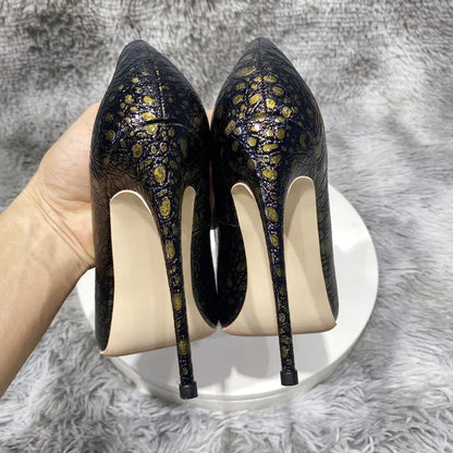 Bronze Black Crocodile Effect Women Sexy High Heel Shoes - 8Cm 10Cm 12Cm