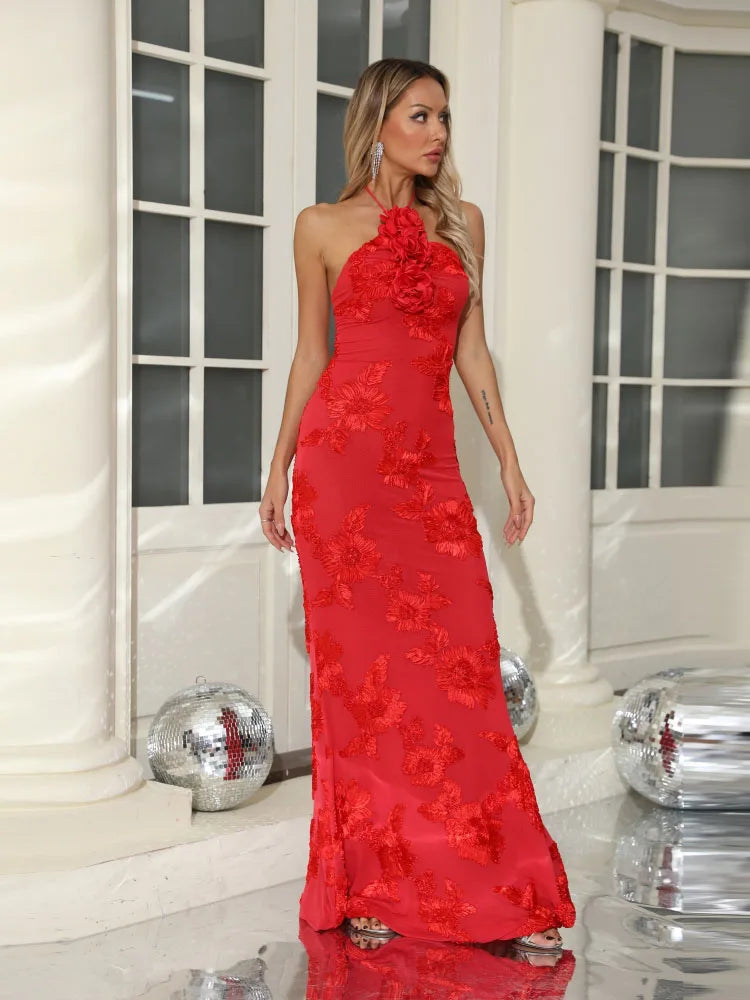 Ysabella Floral Applique Mesh Halter Gown