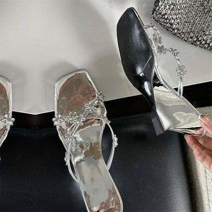 Crystal Flower Square Toe Women Slippers with Designer Wedge High Heels for Summer