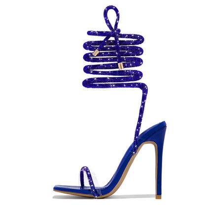 Gold Crystal Ankle Cross Strap Sandals For Women