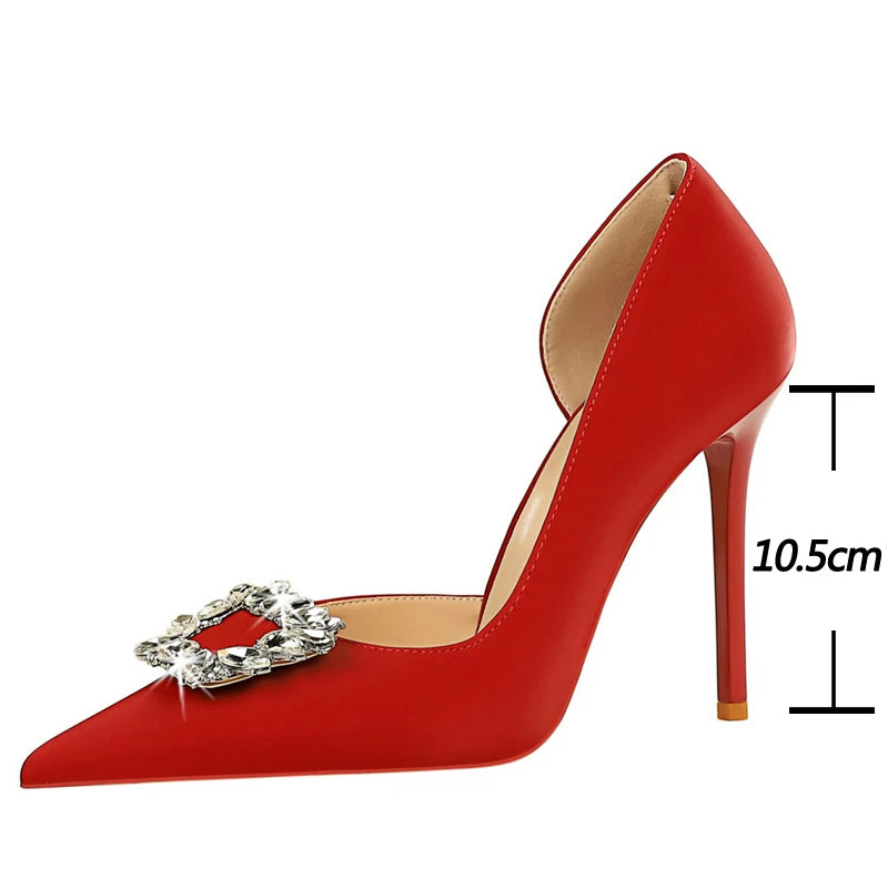 Wine Red 10.5Cm Heels Metal Rhinestone Woman Pumps Luxury Banquet Shoes