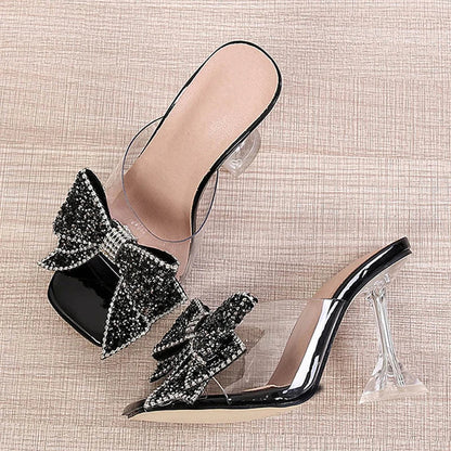 Silver Crystal Bowknot High Heel Transparent Slippers For Women Fashion