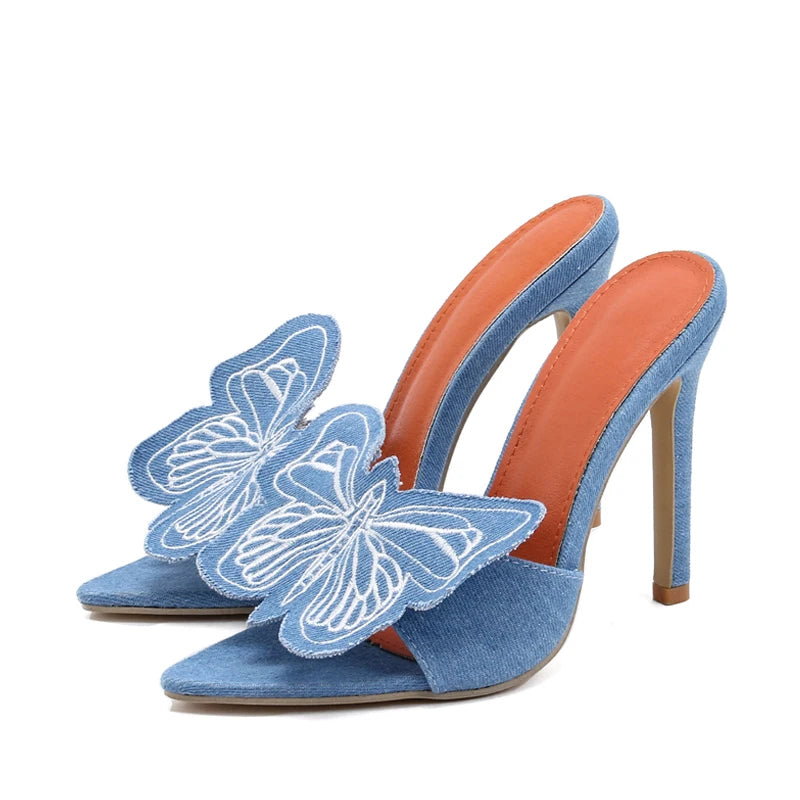 Denim Butterfly Flower Thin Heels Slipper For Women