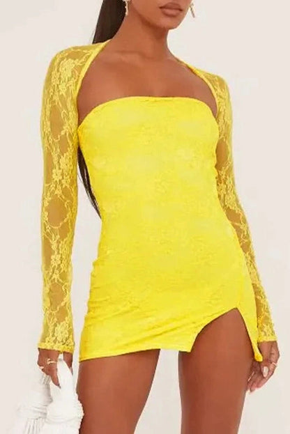 High Waist Lace See-Through Long Sleeve Patchwork Mini Dress