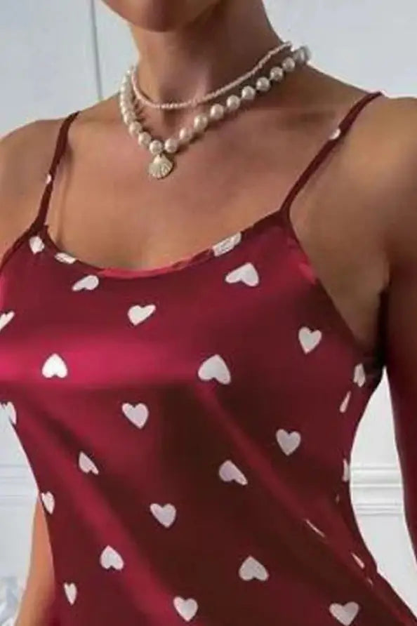 Heart Print Satin Mini Dress With Spaghetti Straps