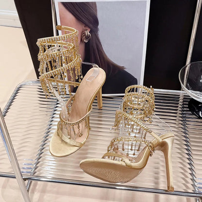Crystal Tassel Stiletto Sandals For Elegant Women Wedding Banquets