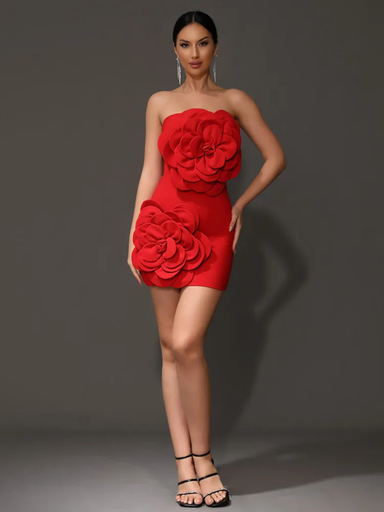 Orenda Strapless Dress With Red Flower Applique