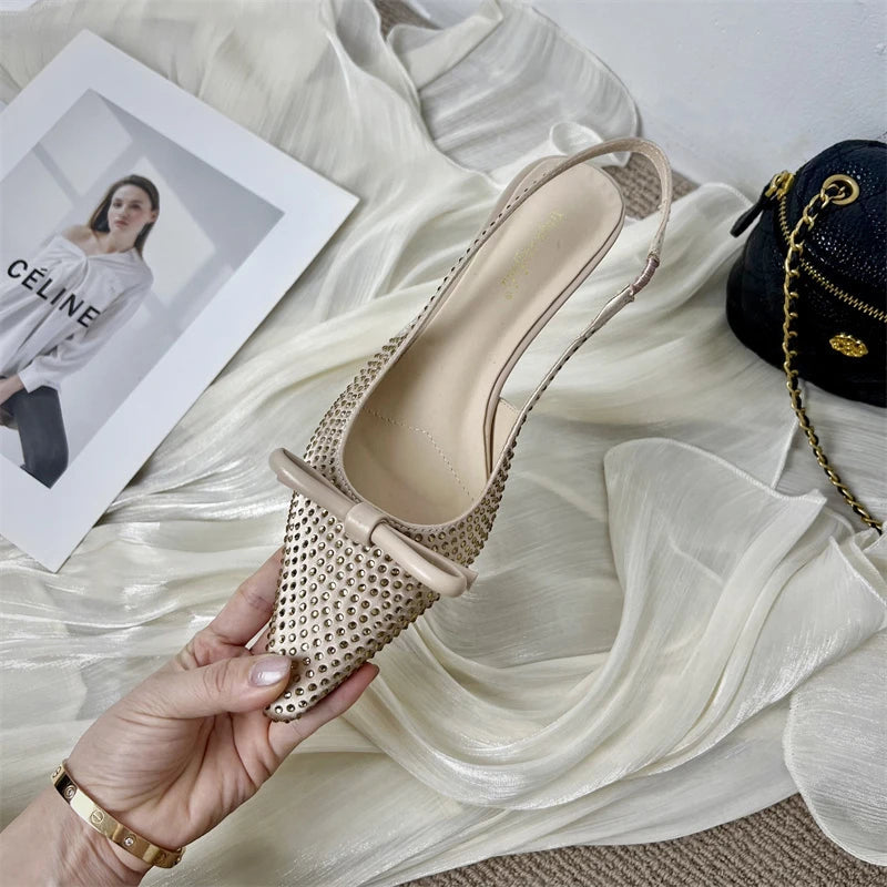 Silk Crystal Pumps Women Sexy Pointed Toe Low Thin Heels