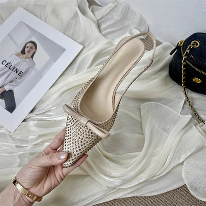 Silk Crystal Pumps Women Sexy Pointed Toe Low Thin Heels