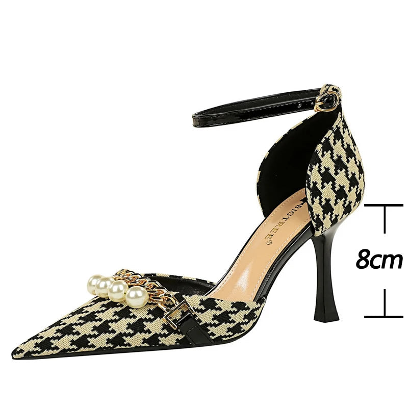 Checkered Pattern Women Sandals With Pearl Metal Chain Kitten Heels