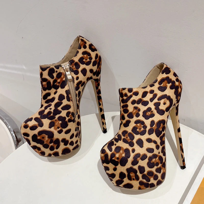 Leopard Print Round Toe Extreme High Heels For Spring And Autumn