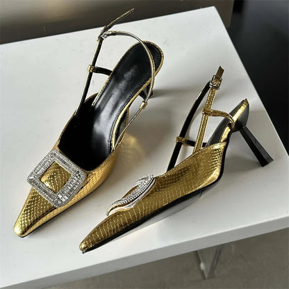Spring Autumn Women Pumps Designer Pointed Toe Buckle Strap Thin Heels Gold Silver