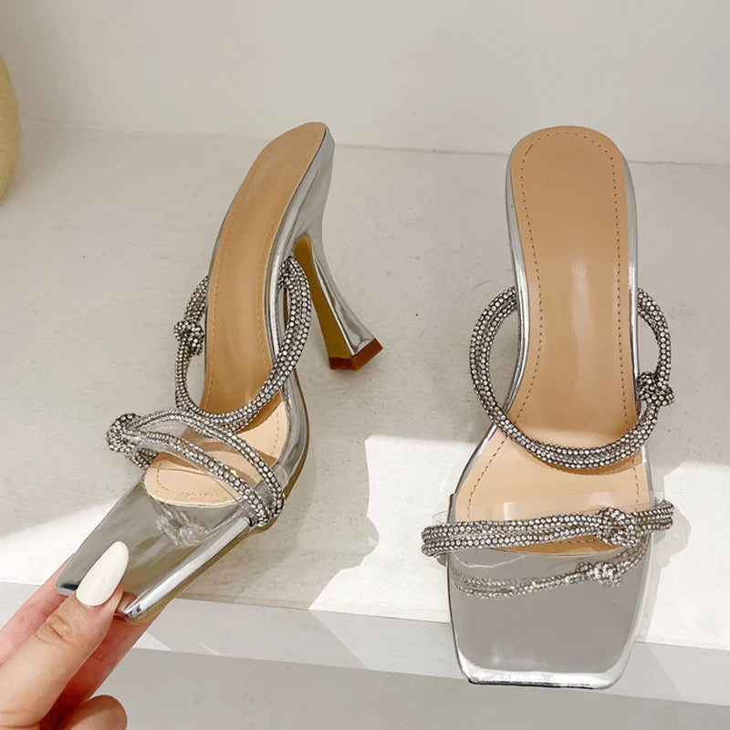 Rhinestone Strap Square Toe High Heel Mules In Golden Sandals