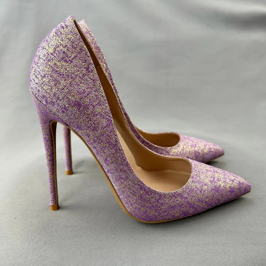 Purple Glitter Pointy Toe High Heel Shoes For Women