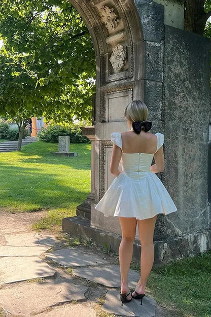 V-Neck High Waist Pleated Backless Mini Dress