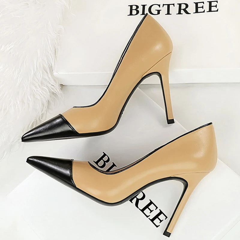 Khaki Women Pumps Mixed Colors Pointed High Heels Pu Leather Shoes