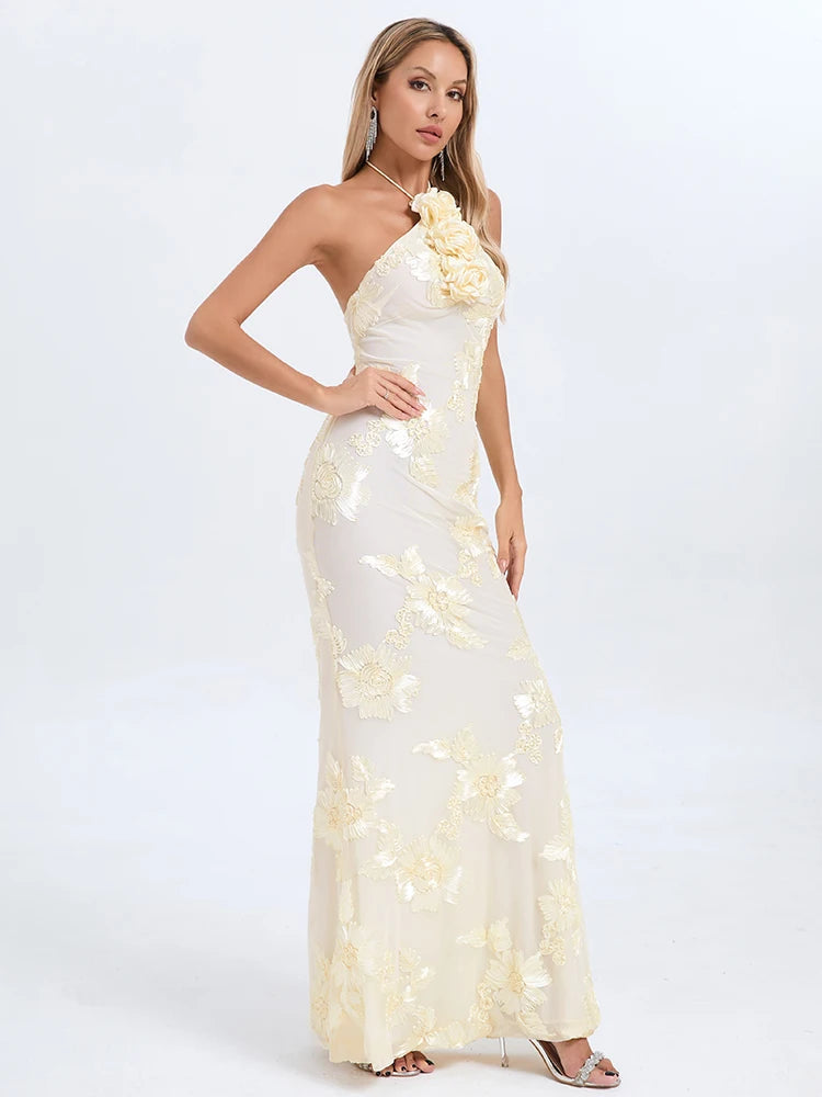 Ysabella Floral Applique Mesh Halter Gown