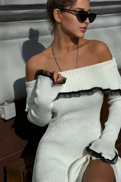 Off-Shoulder Lace Patchwork Mini Dress