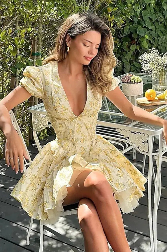 Floral Deep V Neck Mini Dress
