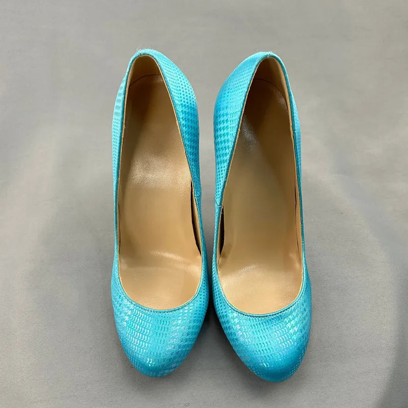 Green Blue Snakeskin Slip On High Heel Shoes For Women