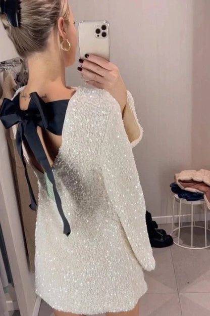 Elegant Long Sleeve Mini Dress With High Waist