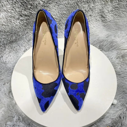 Blue Cow Women Hairy Flock Pointy Toe High Heel Shoes -