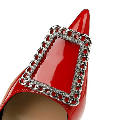 Rhinestone Metal Buckle High Heels Patent Leather Women Pumps