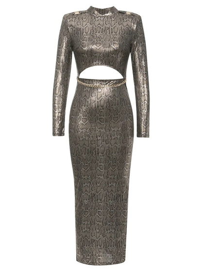Python Snake Pattern Cut Out Dress With Chain