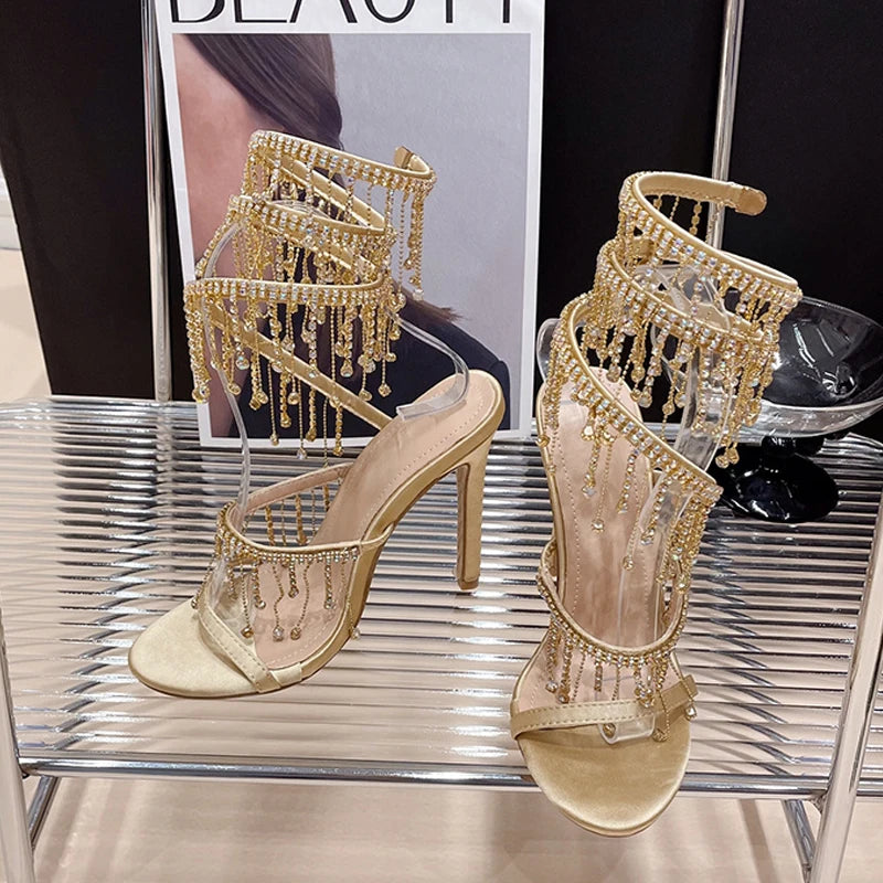 Glitter Crystal Tassel Snake Coiled Sandals For Women