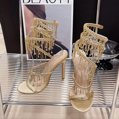 Glitter Crystal Tassel Snake Coiled Sandals For Women