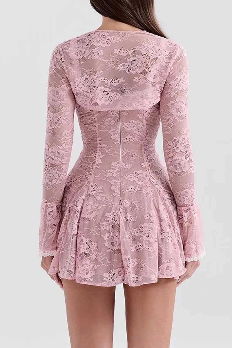A-Line Mini Dress With O-Neck High Waist Long Sleeves And Lace-Up Detail