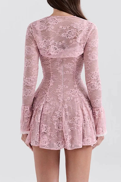 A-Line Mini Dress With O-Neck High Waist Long Sleeves And Lace-Up Detail