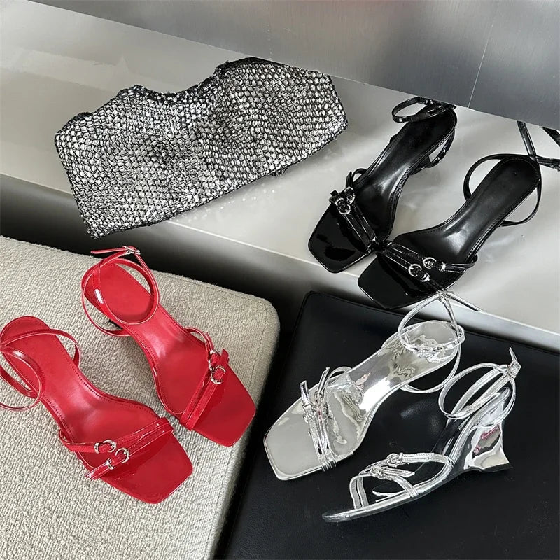 Square Toe Ankle Buckle Strap Wedge Sandals Rome Style High Heels