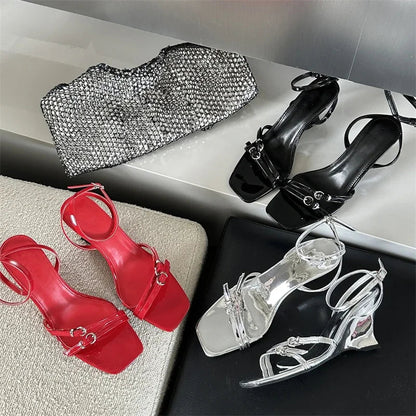 Square Toe Ankle Buckle Strap Wedge Sandals Rome Style High Heels