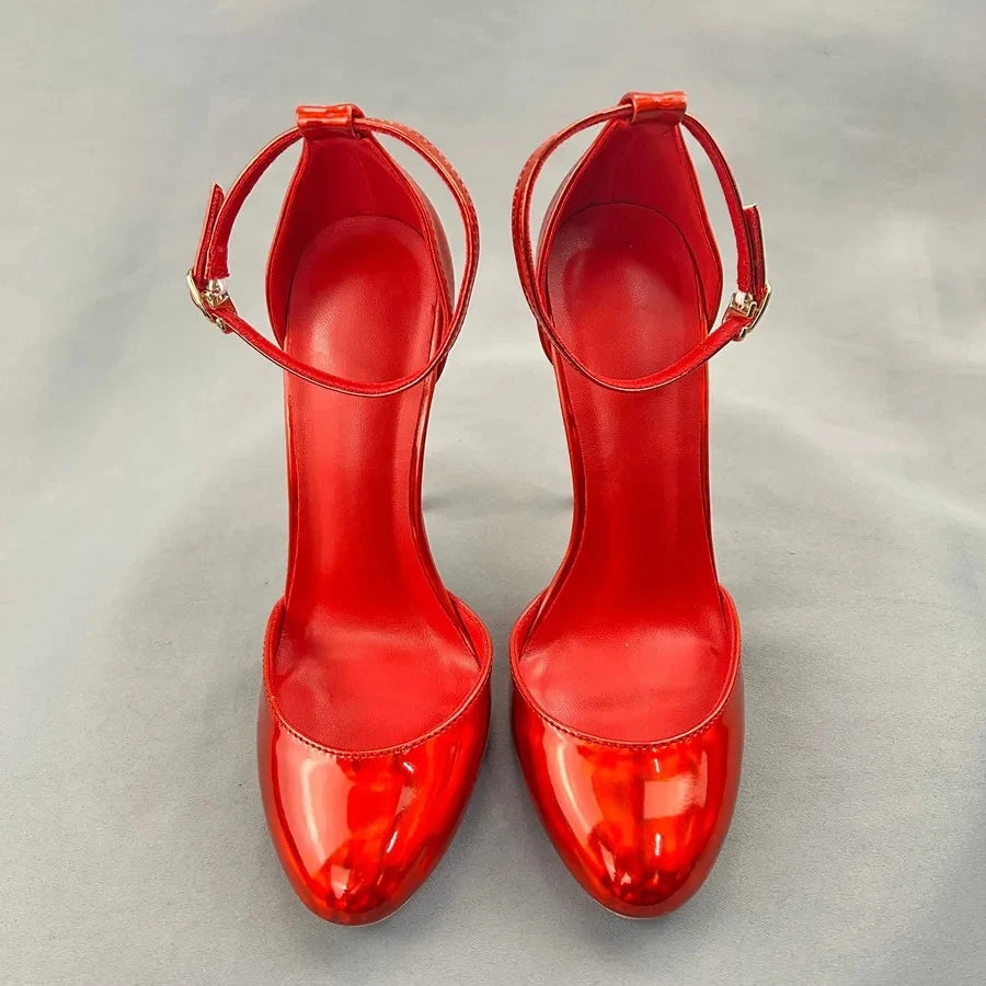 Red Black Women Ankle Buckle Round Toe High Heel Shoes For Summer