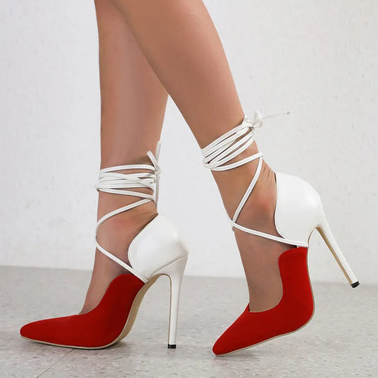 White Red Mixed Color Women Pumps With Sexy Pointed Toe And Strappy Heels