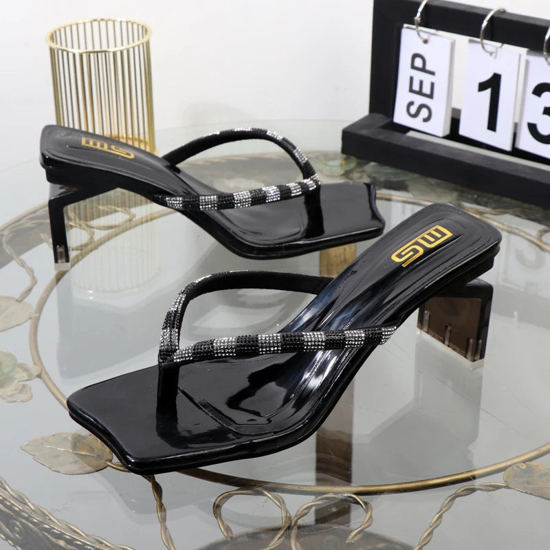 Rhinestone Clip Toe Flip-Flops With Square Heel Designer Luxury Sandals