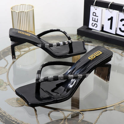 Rhinestone Clip Toe Flip-Flops With Square Heel Designer Luxury Sandals