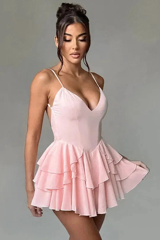V Neck Spaghetti Strap Backless Mini Dress
