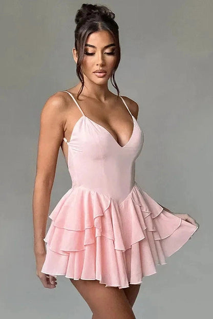 V Neck Spaghetti Strap Backless Mini Dress