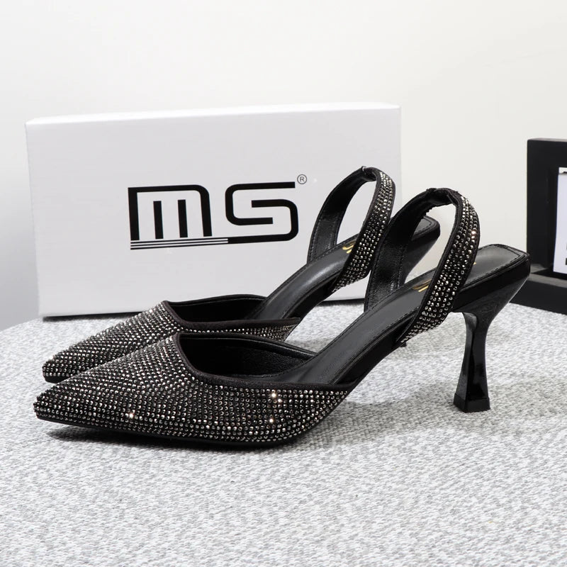 Summer Stiletto Sandals With Pointed Rhinestones And 8Cm Heels