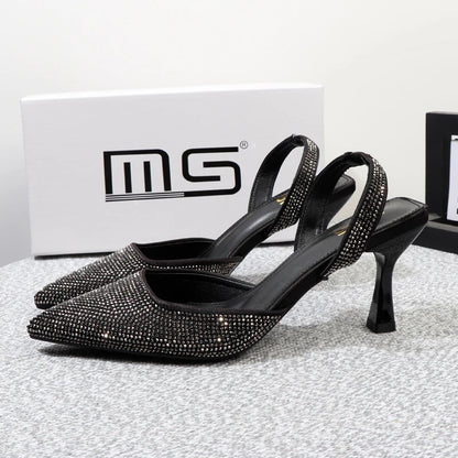 Summer Stiletto Sandals With Pointed Rhinestones And 8Cm Heels
