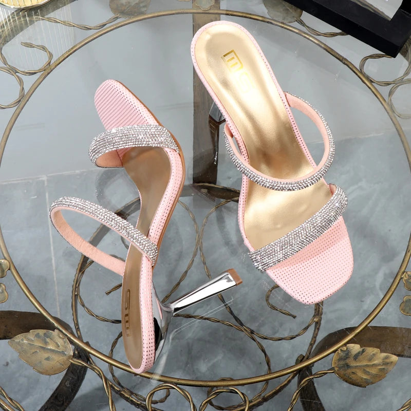 Wave Point Rhinestone Slippers With 9.5Cm High Heels Open Toe Perfect For Outdoor Wear.