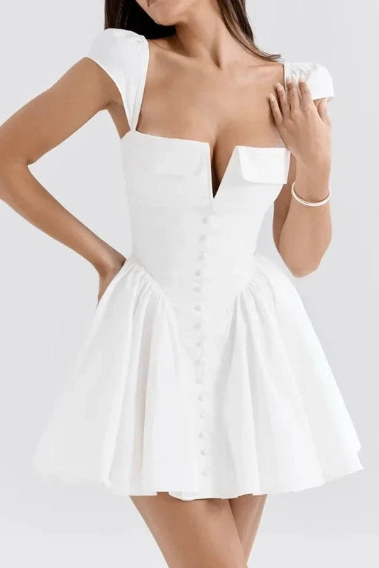 Pleated Square Neck Sleeveless A-Line Mini Dress